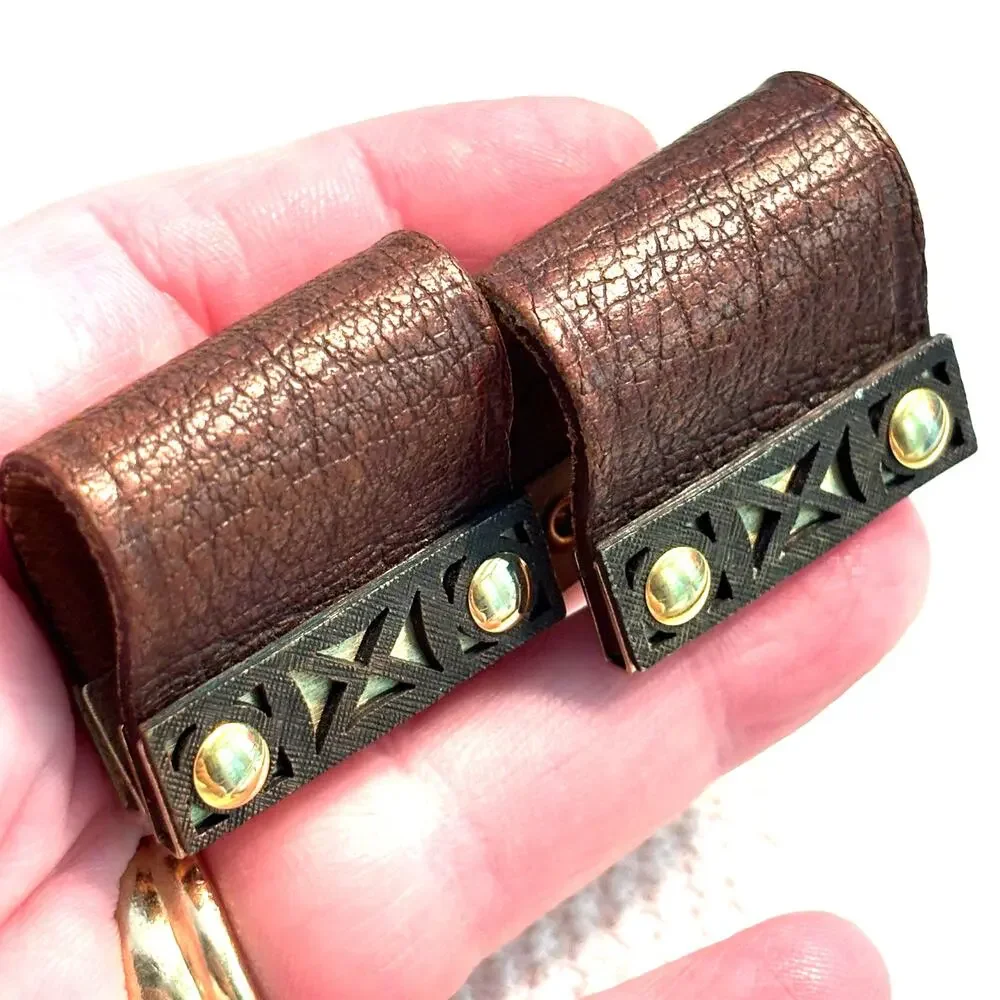 Vintage cufflinks brown leather wraps gold geometric details unique statement